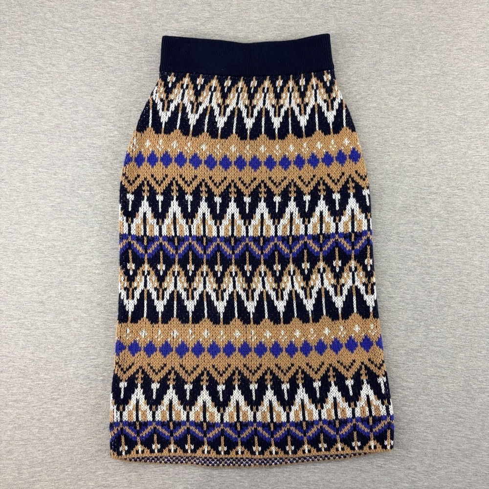 By Anthropologie Fair Isle Knit Pencil Midi Skirt Blue Tan‎ XXSP Boho Vintage
